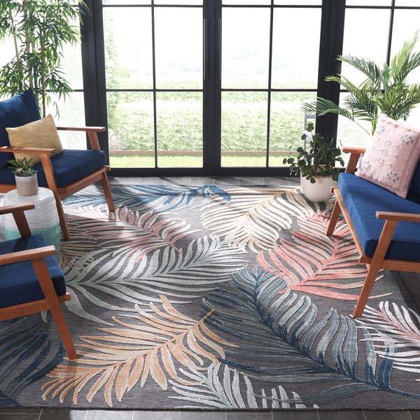 Safavieh Cabana Artistic Square Area Rug With Tropical Leaf Pattern For Indoor & Outdoor Versatility And Style Black ,Rust 88% Polypropylene,12% Polyester Cbn445h-5r