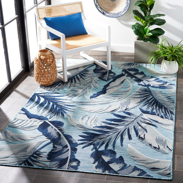 Safavieh Cabana Stylish Tropical Leaf Pattern Rug - Durable, All-weather Design For Indoor & Outdoor Spaces Aqua ,Navy 88% Polypropylene,12% Polyester Cbn452j-210
