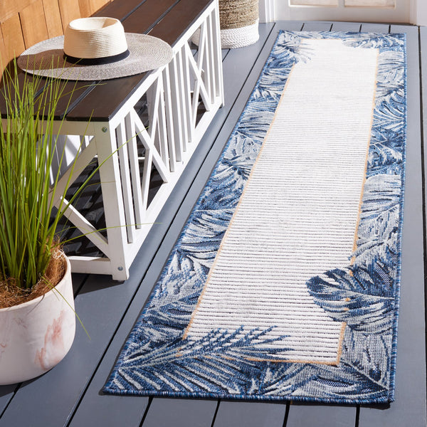 Safavieh Cabana Ivory/Navy Coastal Runner Rug - Elegant 2' X 10' Indoor/Outdoor Design With Tropical Leaves Ivory ,Navy 88% Polypropylene,12% Polyester Cbn453n-210