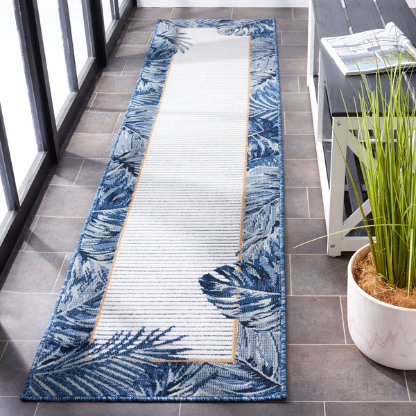 Safavieh Cabana Ivory/Navy Coastal Runner Rug - Elegant 2' X 10' Indoor/Outdoor Design With Tropical Leaves Ivory ,Navy 88% Polypropylene,12% Polyester Cbn453n-210