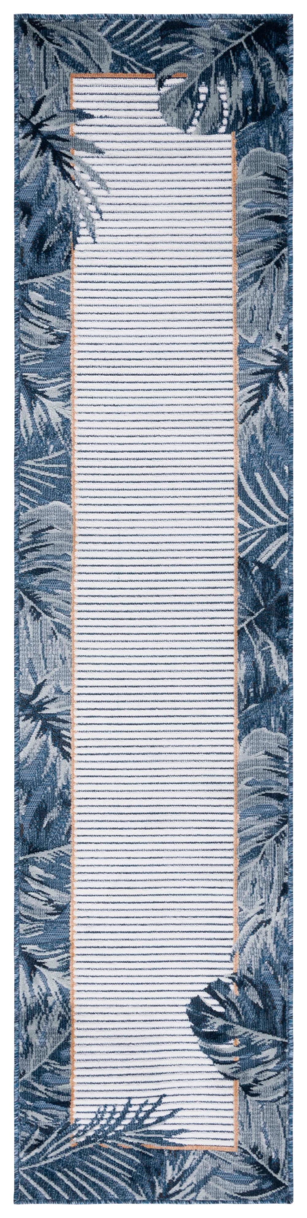 Safavieh Cabana Ivory/Navy Coastal Runner Rug - Elegant 2' X 10' Indoor/Outdoor Design With Tropical Leaves Ivory ,Navy 88% Polypropylene,12% Polyester Cbn453n-210