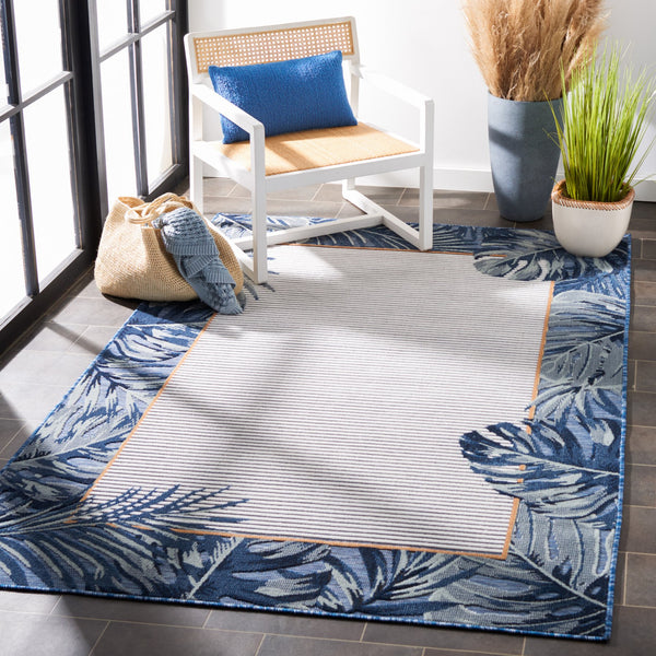 Safavieh Cabana Ivory/Navy Coastal Runner Rug - Elegant 2' X 10' Indoor/Outdoor Design With Tropical Leaves Ivory ,Navy 88% Polypropylene,12% Polyester Cbn453n-210