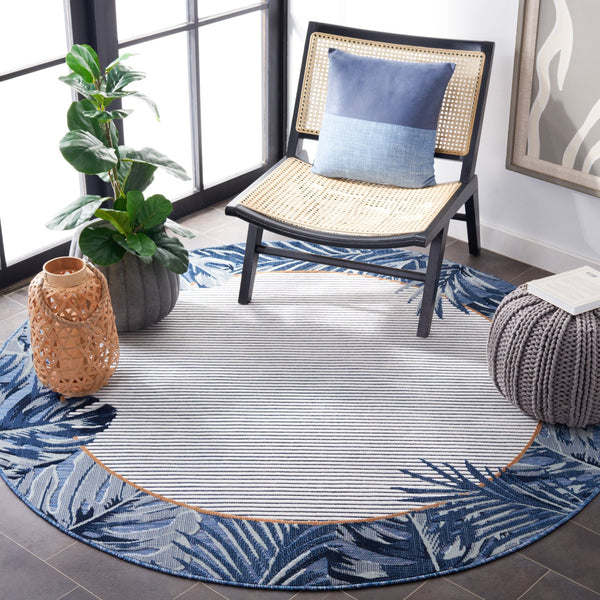 Safavieh Cabana Ivory/Navy Coastal Runner Rug - Elegant 2' X 10' Indoor/Outdoor Design With Tropical Leaves Ivory ,Navy 88% Polypropylene,12% Polyester Cbn453n-210