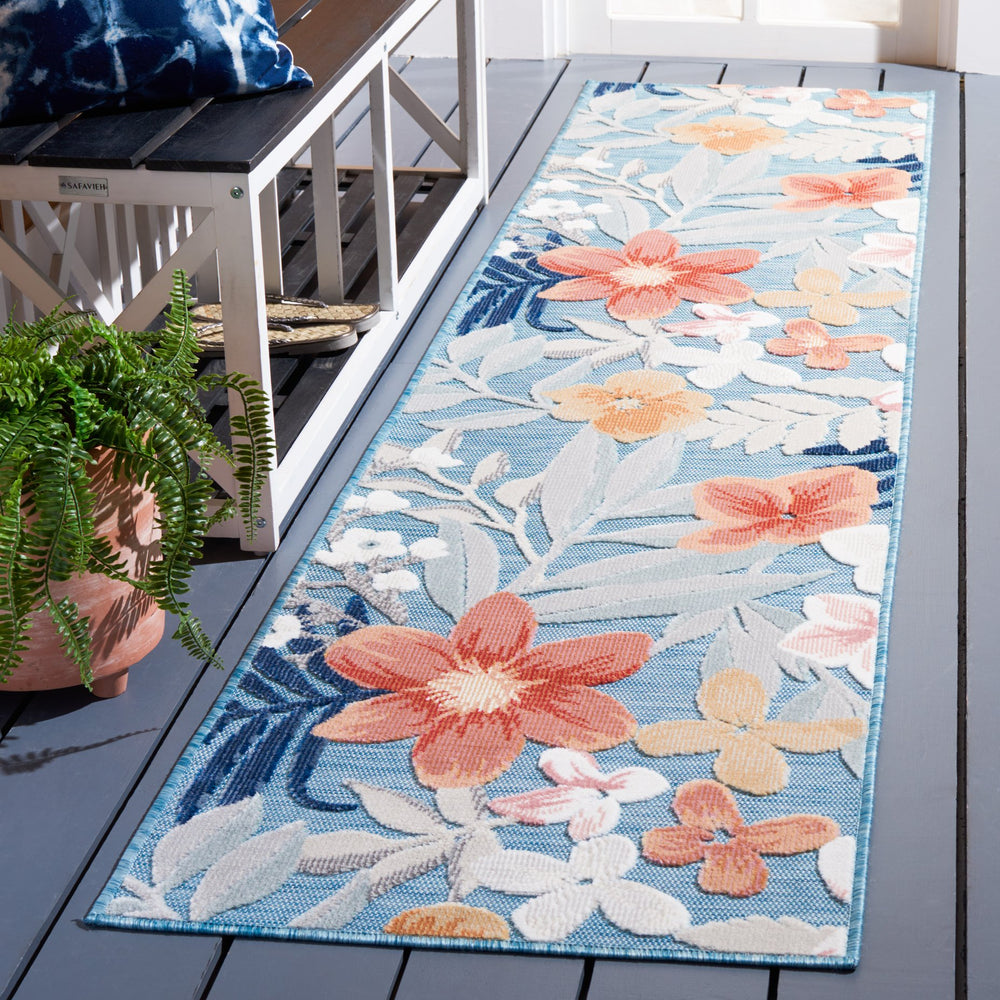 Safavieh Cabana Aqua And Rust Round Area Rug — Power-Loomed Turkish Coastal Floral-Tropical Design, Weather-Resistant Plush 4'-0" x 4'-0" CBN454J-4R