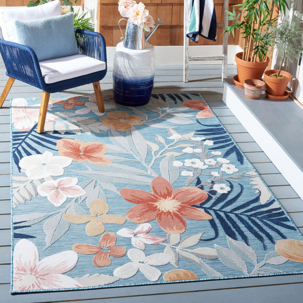 Safavieh Cabana Aqua And Rust Round Area Rug — Power-Loomed Turkish Coastal Floral-Tropical Design, Weather-Resistant Plush 4'-0" x 4'-0" CBN454J-4R