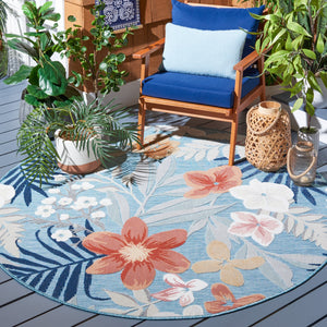 Safavieh Cabana Aqua And Rust Round Area Rug — Power-Loomed Turkish Coastal Floral-Tropical Design, Weather-Resistant Plush 4'-0" x 4'-0" CBN454J-4R