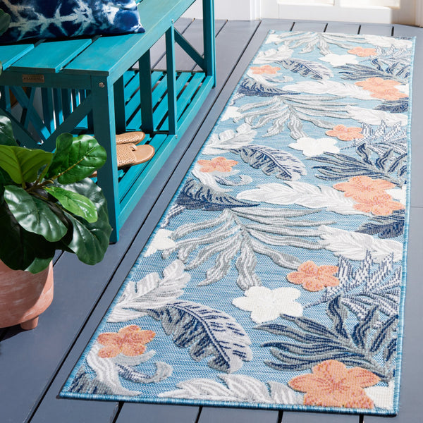 Safavieh Cabana 2' X 10' Botanical Area Runner Rug In Blue Grey - Elegant, Durable, Indoor/Outdoor Design Blue ,Grey 88% Polypropylene,12% Polyester Cbn456m-210