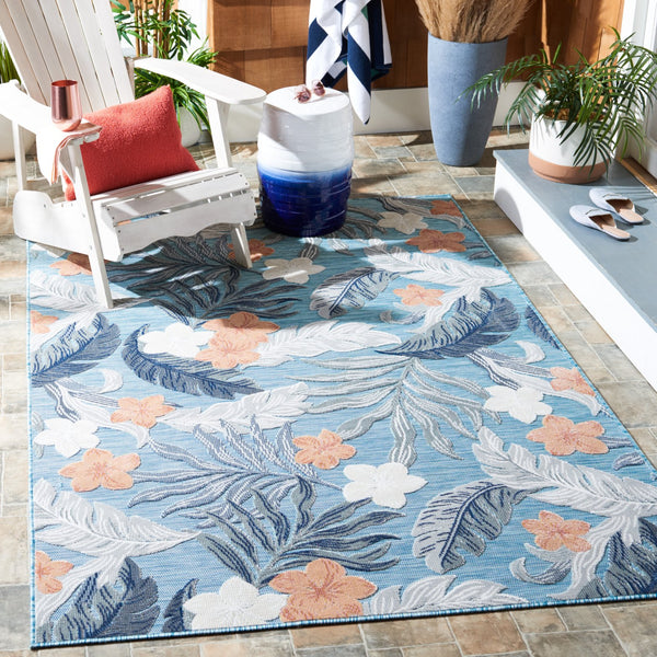 Safavieh Cabana 2' X 10' Botanical Area Runner Rug In Blue Grey - Elegant, Durable, Indoor/Outdoor Design Blue ,Grey 88% Polypropylene,12% Polyester Cbn456m-210