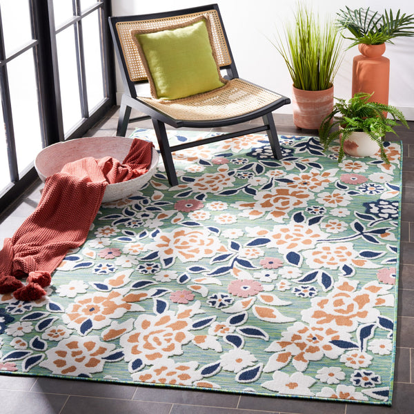 Safavieh Cabana Lush Botanical Area Rug - Elegant Indoor/Outdoor Design, Durable & Low Maintenance Comfort Green ,Navy 88% Polypropylene,12% Polyester Cbn485n-5sq