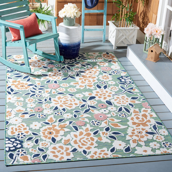 Safavieh Cabana Coastal Green And Navy Floral Rug — Power‑Loomed, Soft 3/8" Pile, Indoor/Outdoor Accent Mat 2'-0" x 3'-0" CBN485N-2