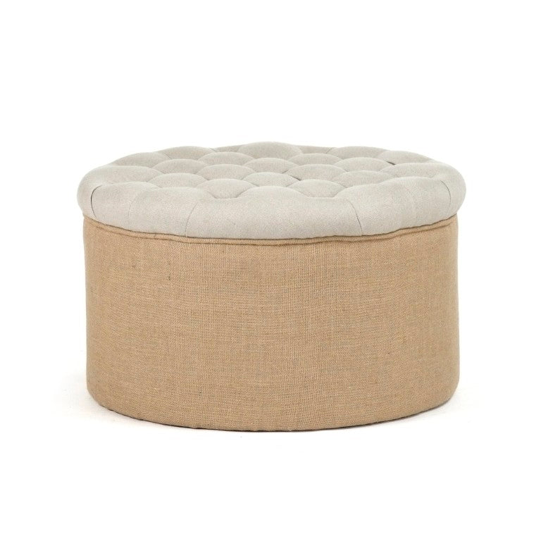 Zentique Round Ottoman Compact Oak Frame Linen Burlap Upholstered Seat — Versatile Footrest & Extra Seating (97 characters) CF053-1 A003 Jute