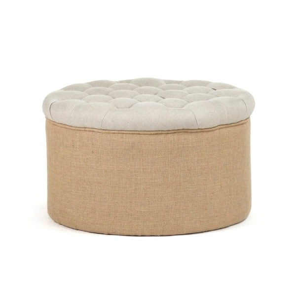 Zentique Round Ottoman Compact Oak Frame Linen Burlap Upholstered Seat — Versatile Footrest & Extra Seating (97 characters) CF053-1 A003 Jute