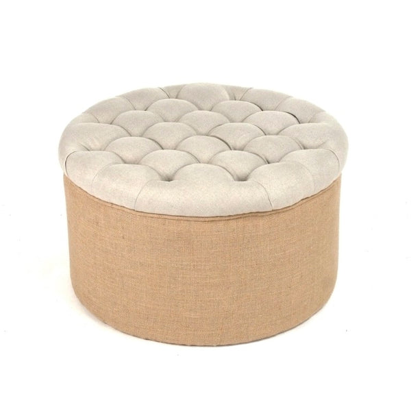 Zentique Round Ottoman Compact Oak Frame Linen Burlap Upholstered Seat — Versatile Footrest & Extra Seating (97 characters) CF053-1 A003 Jute
