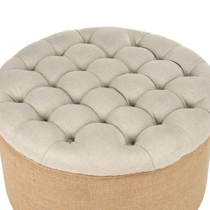 Zentique Round Ottoman Compact Oak Frame Linen Burlap Upholstered Seat — Versatile Footrest & Extra Seating (97 characters) CF053-1 A003 Jute