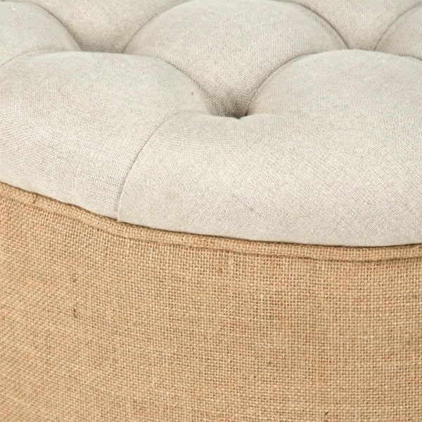 Zentique Round Ottoman Compact Oak Frame Linen Burlap Upholstered Seat — Versatile Footrest & Extra Seating (97 characters) CF053-1 A003 Jute