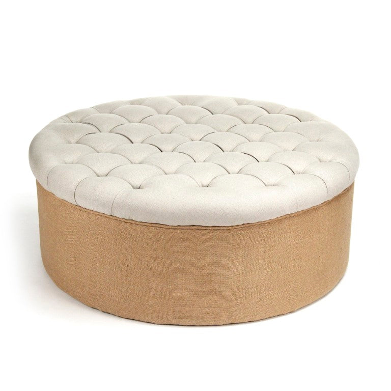 Zentique Tufted Round Ottoman in Linen-Burlap with Oak Base, Deep Button Tufting for Seating & Table Use CF053-Z A003 Jute