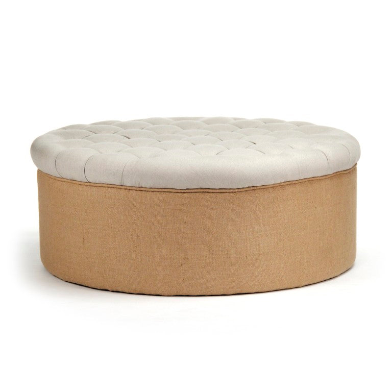 Zentique Tufted Round Ottoman in Linen-Burlap with Oak Base, Deep Button Tufting for Seating & Table Use CF053-Z A003 Jute