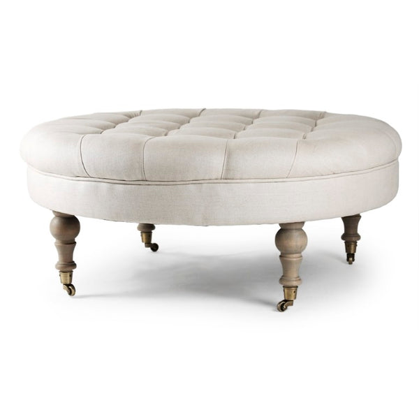 Zentique Maison Tufted Round Ottoman with Oak Frame and Linen Upholstery — Versatile Seating & Accent Piece Natural Oak, Natural Linen CF056-2 E255 A003