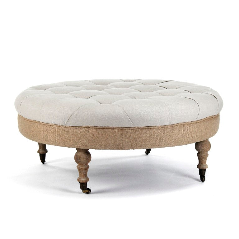 Zentique Maison tufted ottoman in linen blend with oak frame, button-tufted top, burlap accents, versatile seating and table W40 x H17 x D40 CF056-2 E272 A003 Jute