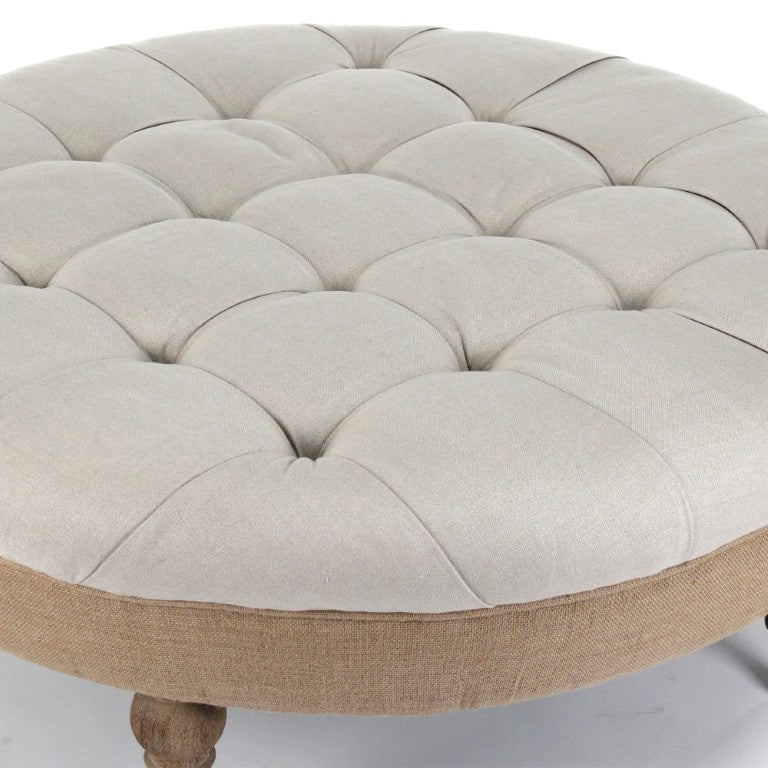 Zentique Maison tufted ottoman in linen blend with oak frame, button-tufted top, burlap accents, versatile seating and table W40 x H17 x D40 CF056-2 E272 A003 Jute