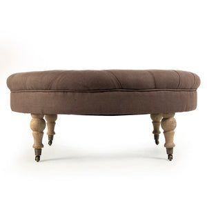 Zentique Maison Tufted Round Ottoman with Oak Frame and Linen Upholstery — Versatile Seating & Accent Piece Limed Grey Oak, Aubergine Linen CF056-2 E272 A008