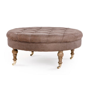 Zentique Maison Tufted Round Ottoman with Oak Frame and Linen Upholstery — Versatile Seating & Accent Piece Limed Grey Oak, Aubergine Linen CF056-2 E272 A008