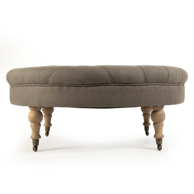 Zentique Maison Tufted Round Ottoman with Oak Frame and Linen Upholstery — Versatile Seating & Accent Piece Limed Grey Oak, Grey Linen CF056-2 E272 A048