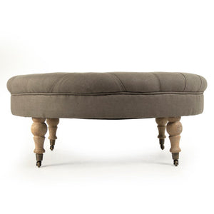 Zentique Maison Tufted Round Ottoman with Oak Frame and Linen Upholstery — Versatile Seating & Accent Piece Limed Grey Oak, Grey Linen CF056-2 E272 A048