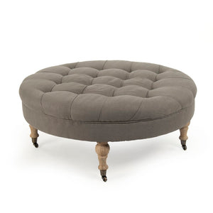 Zentique Maison Tufted Round Ottoman with Oak Frame and Linen Upholstery — Versatile Seating & Accent Piece Limed Grey Oak, Grey Linen CF056-2 E272 A048