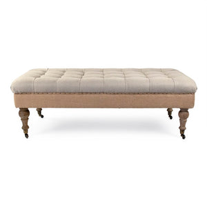 Zentique Maison tufted ottoman in linen blend with oak frame, button-tufted top, burlap accents, versatile seating and table W52 x H17 x D26.5 CF056-Z E272 A003/Jute REC