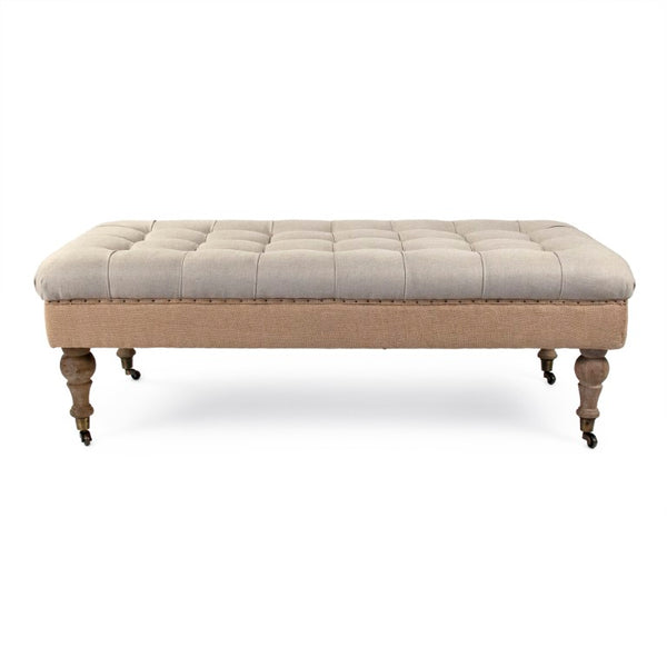 Zentique Maison tufted ottoman in linen blend with oak frame, button-tufted top, burlap accents, versatile seating and table W52 x H17 x D26.5 CF056-Z E272 A003/Jute REC