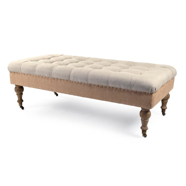 Zentique Maison tufted ottoman in linen blend with oak frame, button-tufted top, burlap accents, versatile seating and table W52 x H17 x D26.5 CF056-Z E272 A003/Jute REC