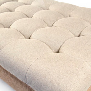 Zentique Maison tufted ottoman in linen blend with oak frame, button-tufted top, burlap accents, versatile seating and table W52 x H17 x D26.5 CF056-Z E272 A003/Jute REC