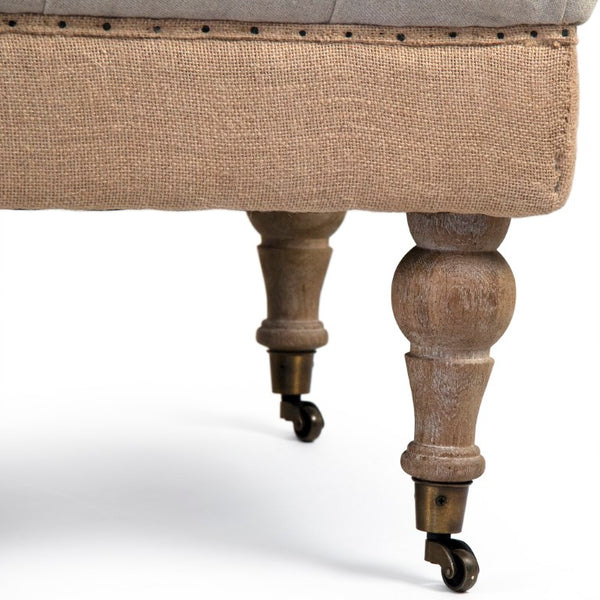 Zentique Maison tufted ottoman in linen blend with oak frame, button-tufted top, burlap accents, versatile seating and table W52 x H17 x D26.5 CF056-Z E272 A003/Jute REC