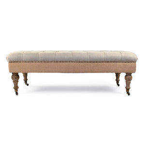 Zentique Maison tufted ottoman in linen blend with oak frame, button-tufted top, burlap accents, versatile seating and table W52 x H17 x D26.5 CF056-Z E272 A003/Jute REC