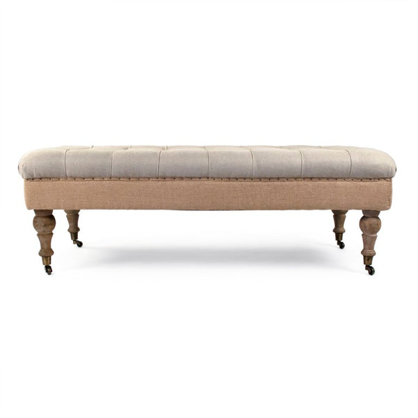 Zentique Maison tufted ottoman in linen blend with oak frame, button-tufted top, burlap accents, versatile seating and table W52 x H17 x D26.5 CF056-Z E272 A003/Jute REC