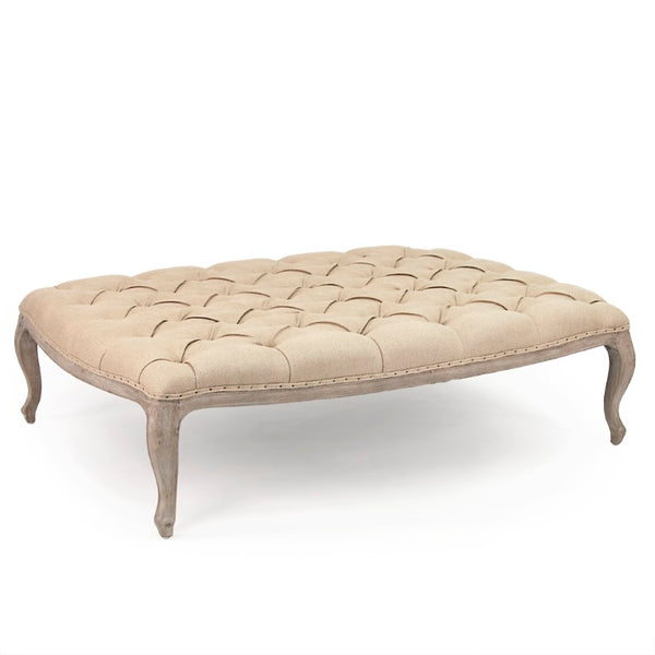 Zentique Maison Tufted Ottoman with Oak Frame and Linen Upholstery — Versatile Seating, Footrest & Table Alternative Limed Grey Oak, Hemp Linen CF064 E272 H009