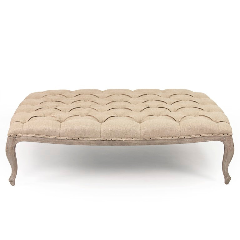 Zentique Maison Tufted Ottoman with Oak Frame and Linen Upholstery — Versatile Seating, Footrest & Table Alternative Limed Grey Oak, Hemp Linen CF064 E272 H009