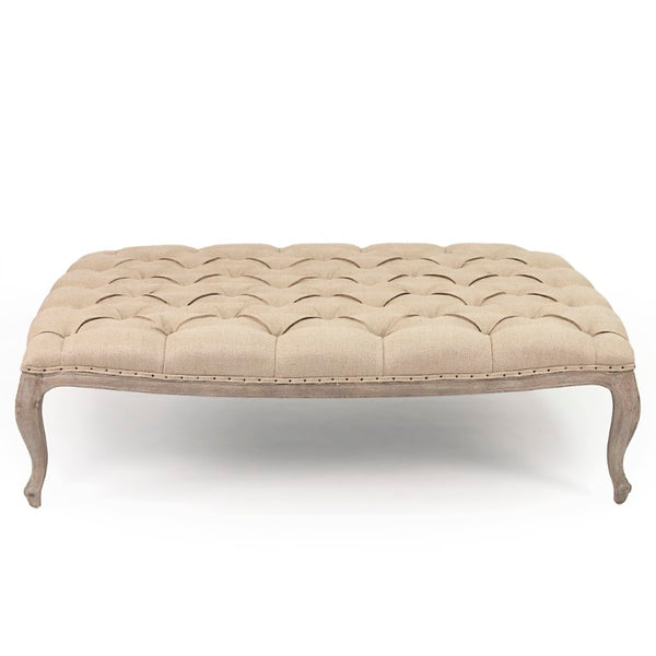 Zentique Maison Tufted Ottoman with Oak Frame and Linen Upholstery — Versatile Seating, Footrest & Table Alternative Limed Grey Oak, Hemp Linen CF064 E272 H009