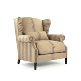 Napoleon Half Wingback Chair Dark Brown Oak, English Khaki Linen with Blue Stripe CF076 L002 A033 Blue Stripe Zentique