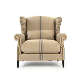 Napoleon Half Wingback Chair Dark Brown Oak, English Khaki Linen with Blue Stripe CF076 L002 A033 Blue Stripe Zentique