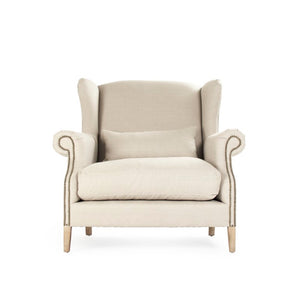 Zentique Napoleon Half Wingback Chair crafted in solid oak with breathable linen upholstery, plush cushioning elegance for living room comfort and classic modern style Limed Grey Oak, Natural Linen CF076 E272 A003