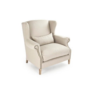 Zentique Napoleon Half Wingback Chair crafted in solid oak with breathable linen upholstery, plush cushioning elegance for living room comfort and classic modern style Limed Grey Oak, Natural Linen CF076 E272 A003