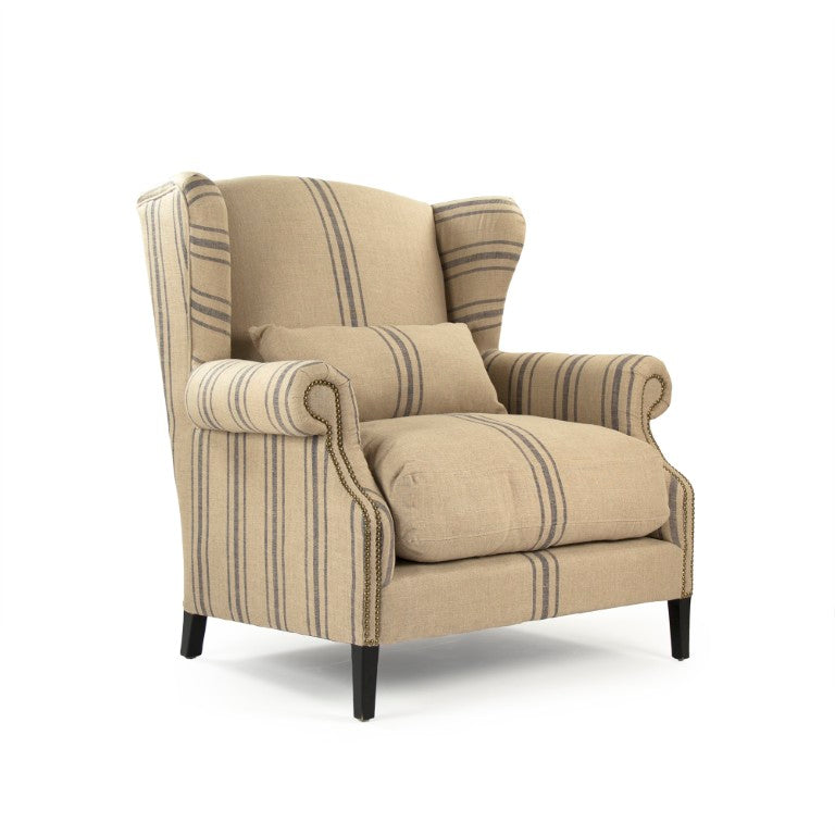 Zentique Napoleon Half Wingback Chair crafted in solid oak with breathable linen upholstery, plush cushioning elegance for living room comfort and classic modern style Dark Brown Oak, English Khaki Linen with Blue Stripe CF076 L002 A033 Blue Stripe