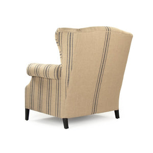 Zentique Napoleon Half Wingback Chair crafted in solid oak with breathable linen upholstery, plush cushioning elegance for living room comfort and classic modern style Dark Brown Oak, English Khaki Linen with Blue Stripe CF076 L002 A033 Blue Stripe