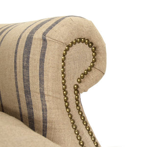 Zentique Napoleon Half Wingback Chair crafted in solid oak with breathable linen upholstery, plush cushioning elegance for living room comfort and classic modern style Dark Brown Oak, English Khaki Linen with Blue Stripe CF076 L002 A033 Blue Stripe