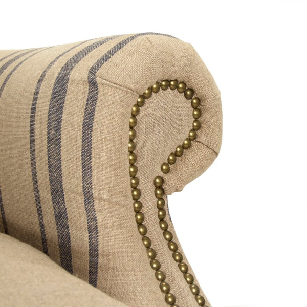 Zentique Napoleon Half Wingback Chair crafted in solid oak with breathable linen upholstery, plush cushioning elegance for living room comfort and classic modern style Dark Brown Oak, English Khaki Linen with Blue Stripe CF076 L002 A033 Blue Stripe