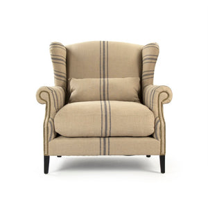 Zentique Napoleon Half Wingback Chair crafted in solid oak with breathable linen upholstery, plush cushioning elegance for living room comfort and classic modern style Dark Brown Oak, English Khaki Linen with Blue Stripe CF076 L002 A033 Blue Stripe