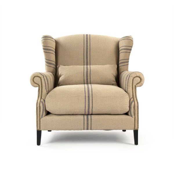 Zentique Napoleon Half Wingback Chair crafted in solid oak with breathable linen upholstery, plush cushioning elegance for living room comfort and classic modern style Dark Brown Oak, English Khaki Linen with Blue Stripe CF076 L002 A033 Blue Stripe
