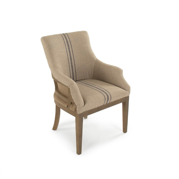 Zentique Liberte Deconstructed Arm Chair with Linen Upholstery and Solid Birch Frame for Cozy Modern Lounging Dry Finished Birch, Khaki Linen with Blue Pinstripe, Burlap CF139 513 A033 Blue Stripe
